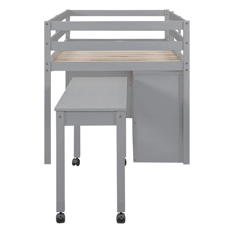 Hochbett für zwei Personen mit ausziehbarem Schreibtisch und 4 Schubladen, Hochbett aus Holz mit seitlichem tragbarem Schreibtisch und Regalen