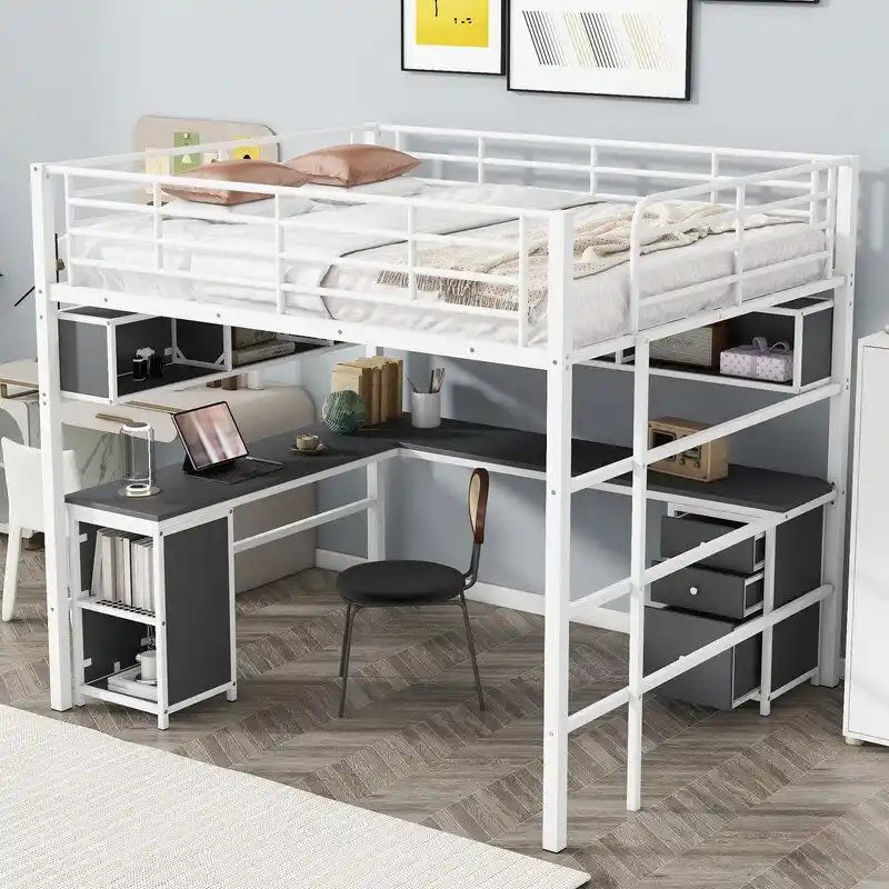 Full Size Metal Loft Bed with Bookcase, Desk and Cabinet