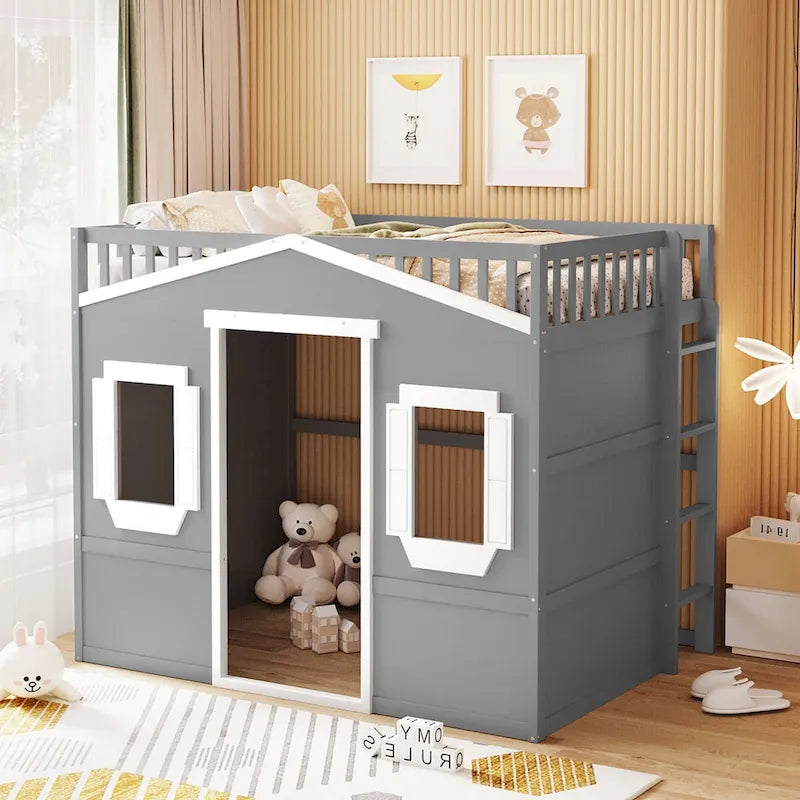 Łóżko na antresoli domek w rozmiarze Full z przestrzenią do grania