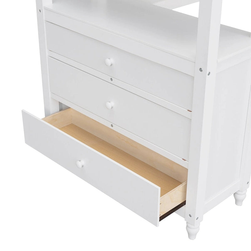 Weißes Twin-Hochbett aus Massivholz mit Schubladenkommode, Schreibtisch und Regalen
