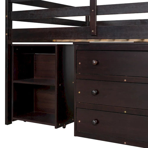 Espresso Pine Wood Multifunctional Loft Bed with Movable Desk, Modular Bookshelf, Chest of Drawers