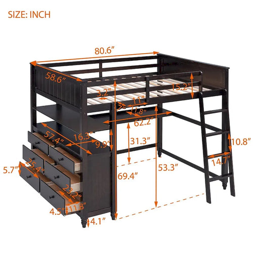 Espresso Full Wooden Loft Bed with Drawers, Desk, Shelves, Guardrails, Reversible Ladder