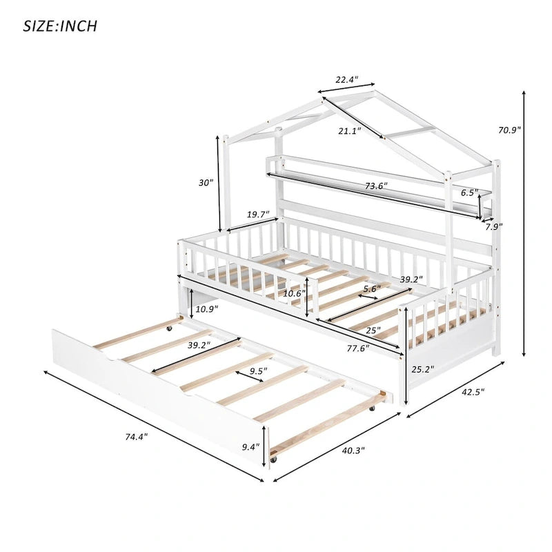 White Wooden House Bed with Twin Trundle and Shelf, Full-Length Guardrail