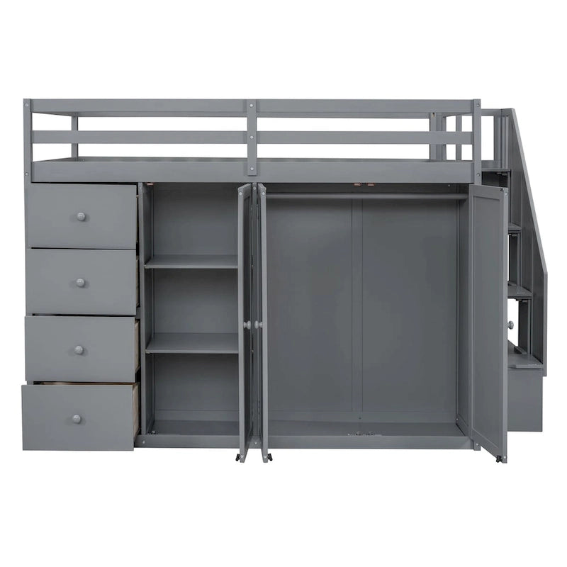 Wood Loft Bed With Built-in Wardrobes, Cabinets and Drawers