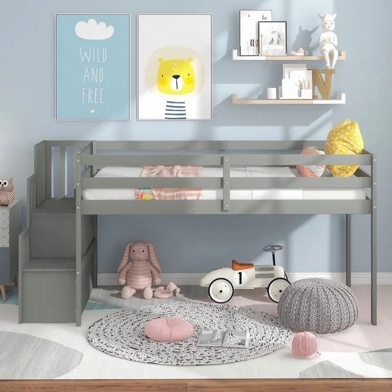 Solid Wood Twin Loft Bed with Staircase and Storage