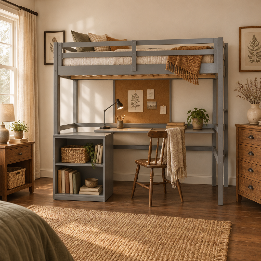 Gray Pine Wood Loft Bed with Desk and Cabinet, Writing Board, Full-Length Guardrail