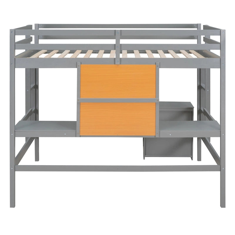 Gray Pine Wood Loft Bed with Desk and Cabinet, Writing Board, Full-Length Guardrail