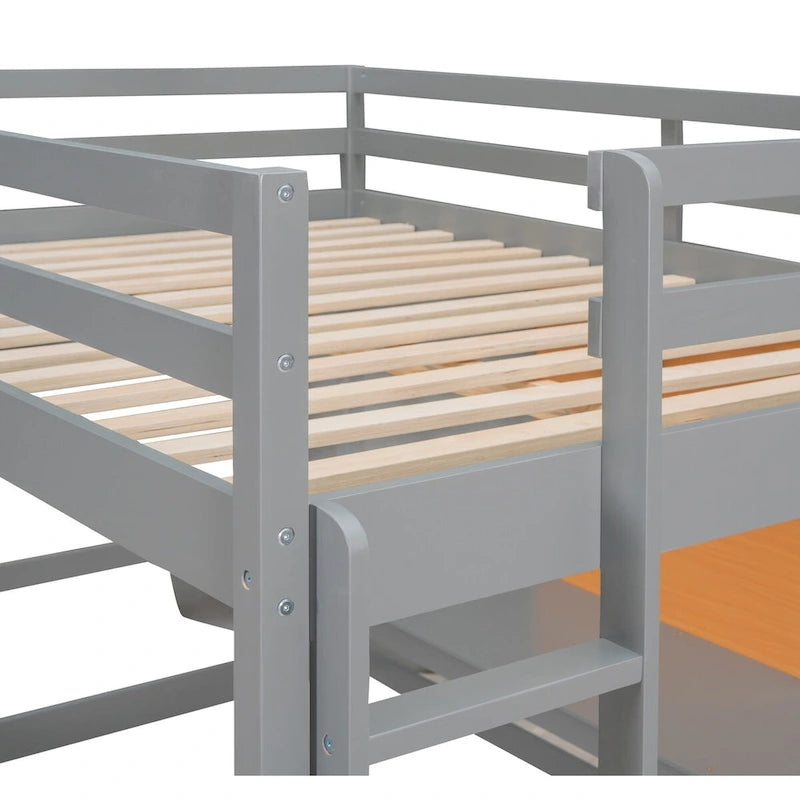 Gray Pine Wood Loft Bed with Desk and Cabinet, Writing Board, Full-Length Guardrail