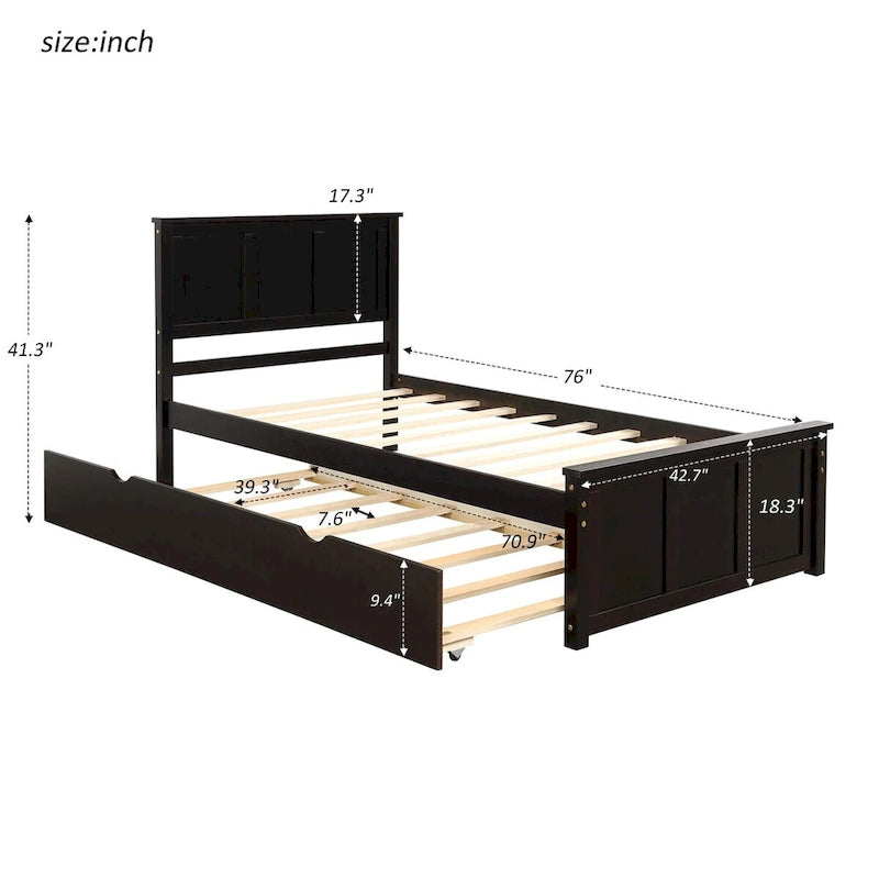Twin Size Platform Bed with Pull-Out Trundle, Crafted from Solid Wood, Features a Space-Saving Design