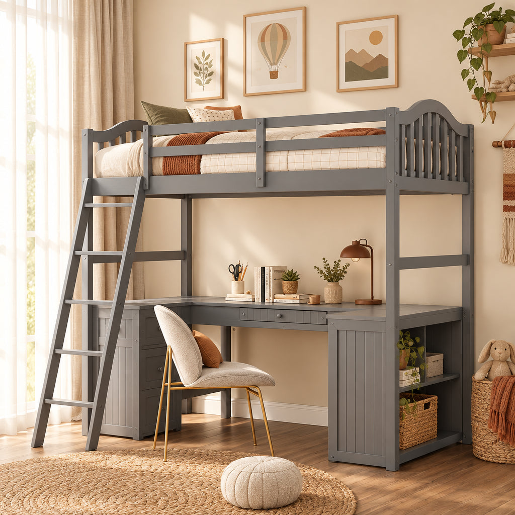Twin Loft Bed with Drawers, Cabinet, Shelves, and Desk