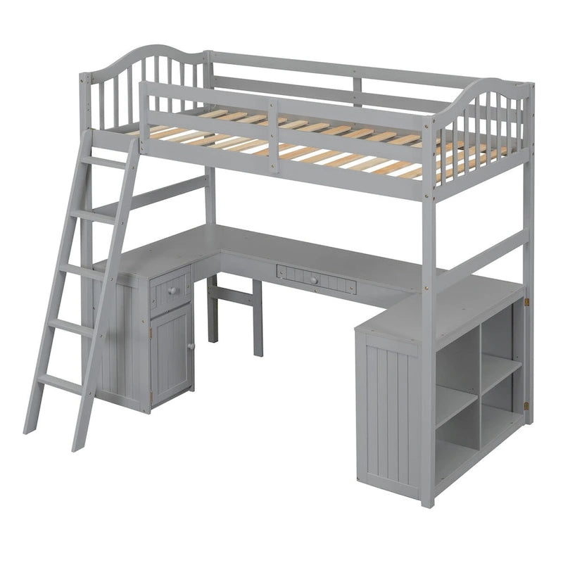 Twin Loft Bed with Drawers, Cabinet, Shelves, and Desk