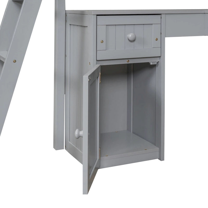 Twin Loft Bed with Drawers, Cabinet, Shelves, and Desk