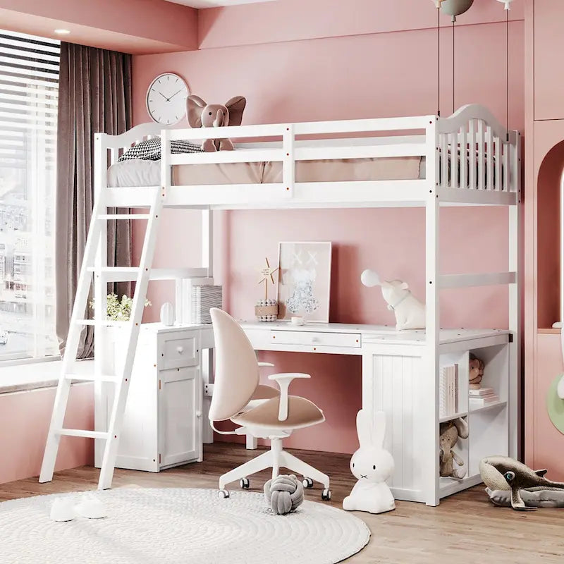 Twin Loft Bed with Drawers, Cabinet, Shelves, and Desk