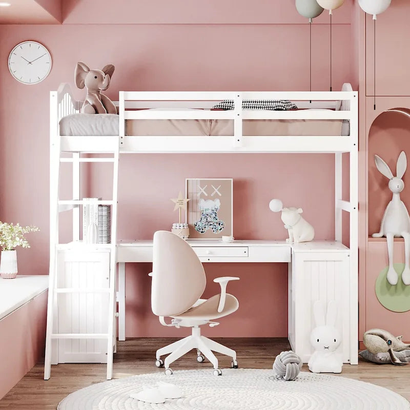Twin Loft Bed with Drawers, Cabinet, Shelves, and Desk