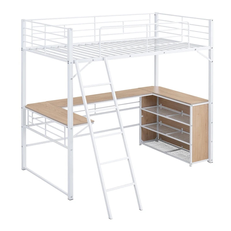 Twin Size Metal Loft Bed with L-shaped Desk and 3 Layers of Shelves, Reversible Ladder
