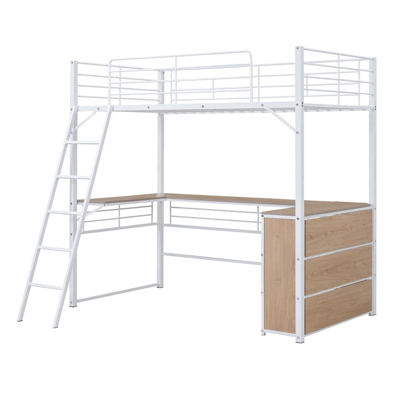 Metallhochbett für zwei Personen mit L-förmigem Schreibtisch, 3 Regalböden und umkehrbarer Leiter
