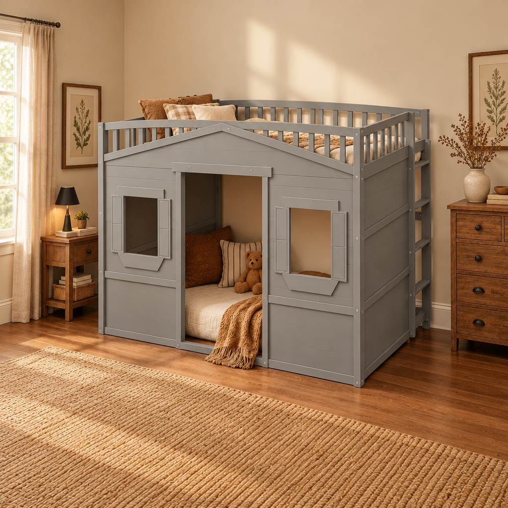 Cama alta Full em madeira de pinho maciço, estilo castelo, cinzenta, com escada e grades de proteção