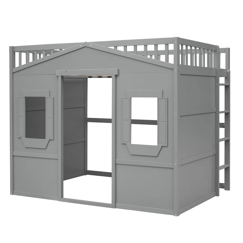Gray Castle Style Full Size Solid Pine Wood Loft Bed with Ladder and Guard Rails